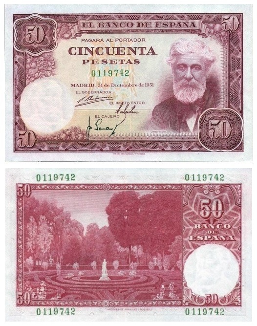 Anverso y reverso del histórico billete de 50 pesetas de 1951